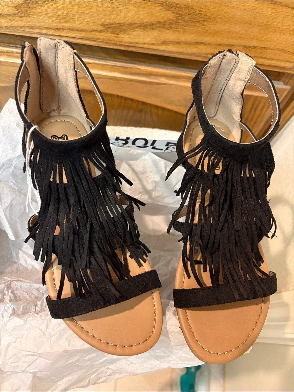 “Brash” Black Triple Fringe Suede Ankle-Strap Zipper Sandals - New in Box